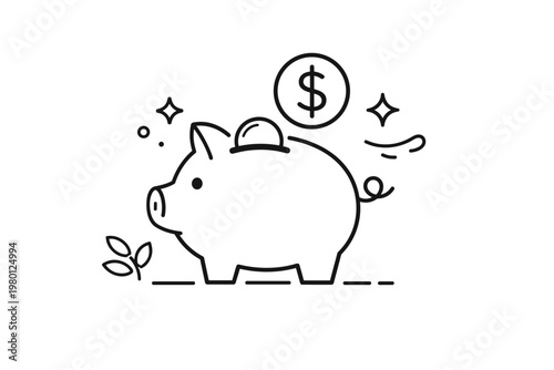 Minimalist Piggy Bank Line Art Illustration with Dollar Coin, Decorative Stars, and Small Plant Element, Symbolizing Savings, Financial Growth, Investment, and Personal Budgeting Icon Vector.