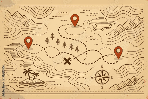 Vintage Topographic Map Vector Illustration with Retro Line Patterns, Navigation Pin Markers, Compass Rose, and Treasure Path on Aged Paper Background for Adventure and Exploration Posters