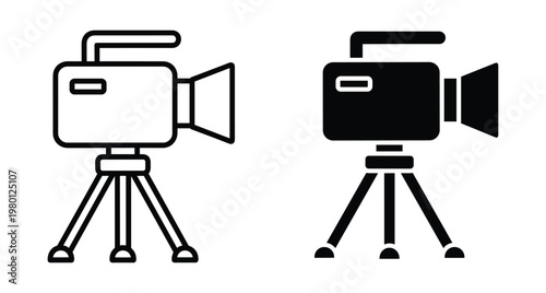 Professional video camera icon set featuring tripod stand in outline and solid black styles for cinema movie production filming recording