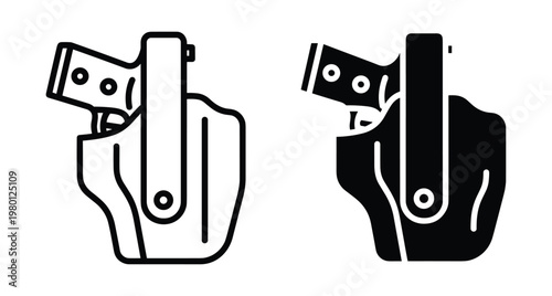 Gun holster icon set featuring pistol firearm weapon for security police law enforcement defense protection tactical gear equipment safety vector