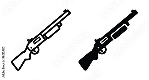 Shotgun icon set featuring outline and solid silhouette styles for hunting shooting sports weapon equipment security defense and tactical design