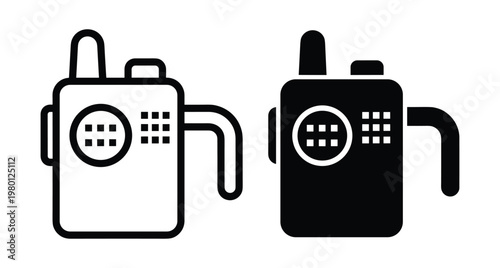 Walkie talkie radio communication device icon set with outline and solid black styles for security emergency and outdoor adventure use