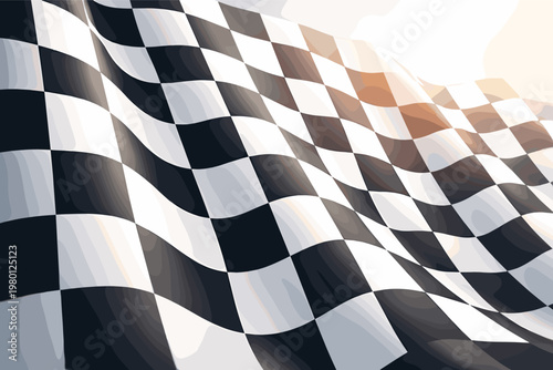 Realistic Waving Checkered Flag Vector Illustration for Racing Finish Line, Rally Competition, and Automotive Sports Events Background with Black and White Square Pattern and Sunlight Flare