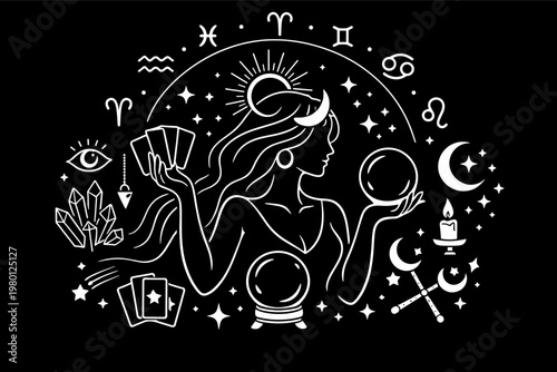 Mystical Woman Fortune Teller Illustration with Zodiac Signs, Tarot Cards, Crystal Ball, and Celestial Symbols for Astrology, Esoteric Magic, Goddess Power, and Spiritual Prediction Design.