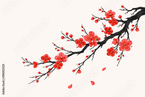 Traditional Asian Ink Wash Illustration of a Plum Blossom Branch with Vibrant Red Flowers, Elegant Oriental Floral Design for Chinese New Year, Japanese Sakura Style Vector Art, Isolated