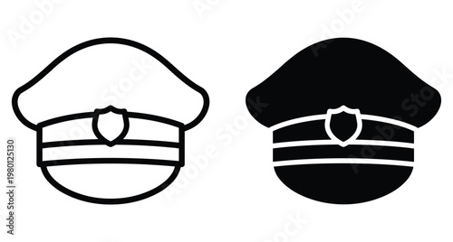 Police officer hat icon set featuring peaked cap with badge in outline and solid black silhouette styles for law enforcement