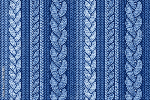 Seamless Blue Cable Knit Sweater Pattern with Realistic Wool Textile Texture. Detailed Knitted Fabric Background for Winter Fashion, Apparel Design, and Cozy Seasonal Crafts. Vector Background.
