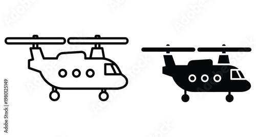 Tandem rotor helicopter icon set featuring outline and solid black silhouette styles for military transport aviation and heavy cargo logistics