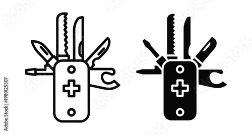 Swiss army knife icon set featuring multi tool pocket knife with blades saw screwdriver and bottle opener for camping hiking outdoor survival equipment