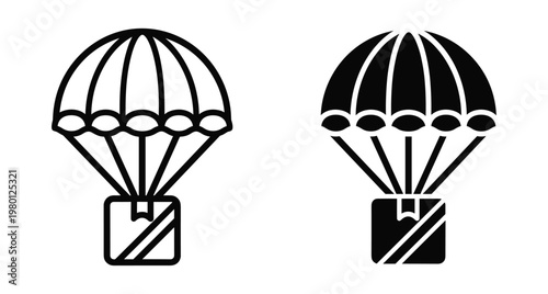 Parachute delivery icon set showing cardboard box being dropped from sky for fast shipping logistics services air freight transport symbol