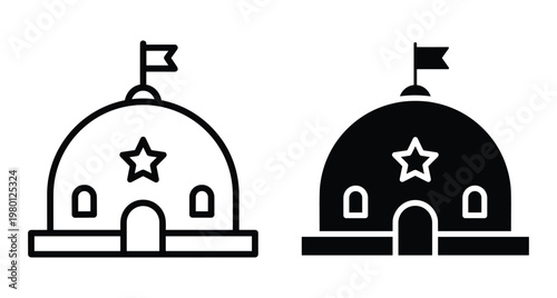 dome building icon set with star and flag representing circus tent observatory or government hall in outline and solid style