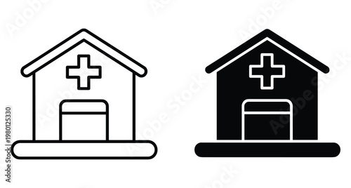 Hospital building icon set with medical cross symbol in outline and solid black style for healthcare clinic and emergency center