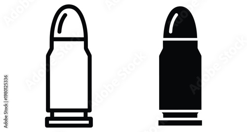 Bullet icon set showing ammunition cartridge in outline and solid black silhouette styles for weapon firearm gun and military design