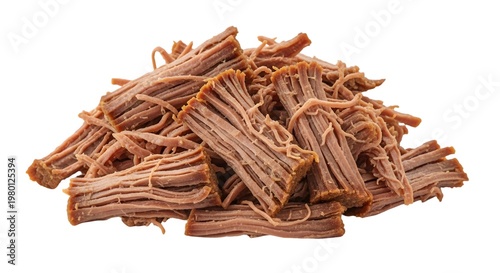A pile of dried, shredded, brown meat strips