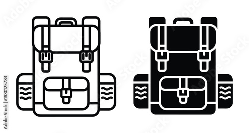 Backpack icon set for hiking camping and travel equipment including outline and solid glyph styles for web and mobile apps