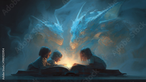 Children reading as holographic dragons emerge above the book. 
