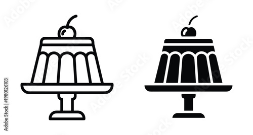 Pudding dessert icon set featuring sweet jelly with cherry on top served on a cake stand in outline and silhouette