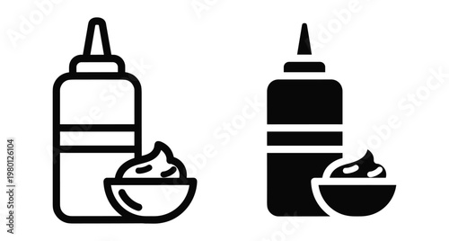 Condiment bottle and sauce bowl icons in outline and solid styles for food service restaurant menu and kitchen design elements