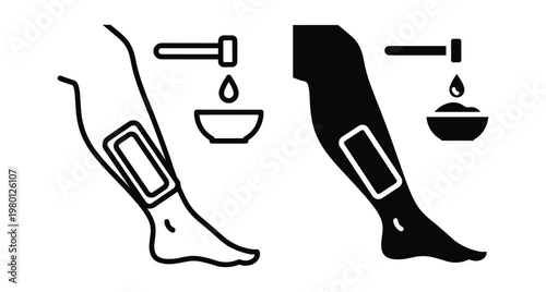 Leg waxing hair removal icon set with wax strip bowl and applicator spatula for beauty salon skincare treatment procedures