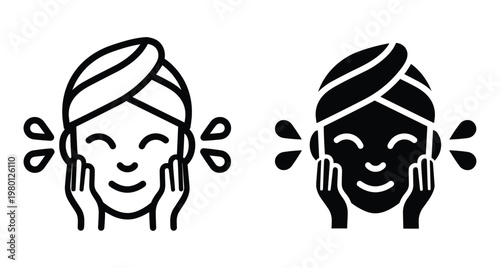Skincare routine icon set featuring woman with head towel washing face with water droplets for beauty spa hygiene treatment and wellness
