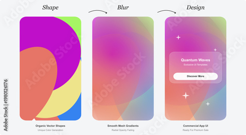 Abstract organic vector shapes and smooth mesh gradients, colorful mobile app UI design with quantum waves theme, vibrant purple and orange glassmorphism interface for smartphone screens