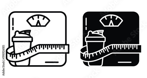 Fitness weight loss icon set featuring bathroom scale protein shaker bottle and measuring tape for diet and health tracking