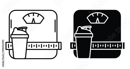 Fitness icons set featuring bathroom scale protein shaker bottle and measuring tape for weight loss health tracking and gym workout progress