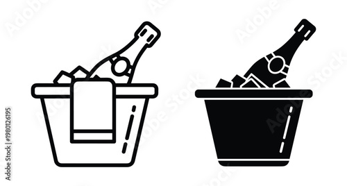 Champagne bottle in ice bucket icon set with line and solid styles for celebration party wedding anniversary and special event