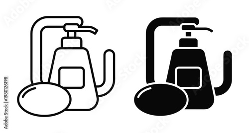 Liquid soap dispenser and bar soap icons in outline and solid styles for bathroom hygiene and personal care products design