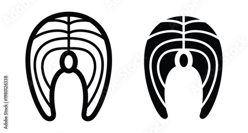 Salmon steak fish fillet icons set with outline and solid silhouette styles for seafood restaurant menu design and cooking apps