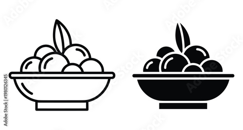 Minimalist food bowl with leaf icon for menu and restaurant design set featuring outline and solid black silhouette styles for Mediterranean food menu design