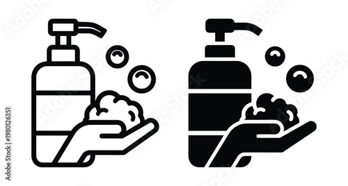 Hand washing icon set with liquid soap dispenser bottle and foam bubbles for hygiene sanitation and personal care health protection