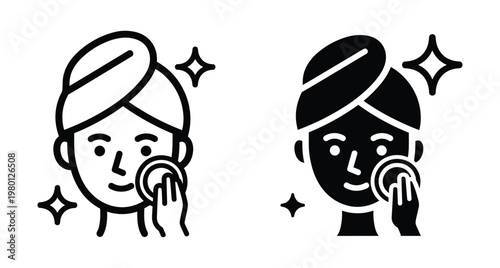 Woman cleaning face with cotton pad wearing head towel skin care routine beauty treatment facial cleansing icon set vector illustration