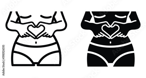 Woman hands forming heart shape on abdomen stomach area for digestion health pregnancy care wellness icon set line and silhouette