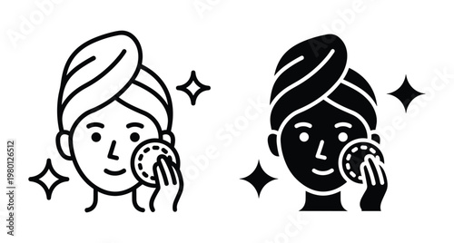 Woman cleaning face with cotton pad wearing head towel skincare routine icon set for beauty treatment and facial hygiene maintenance