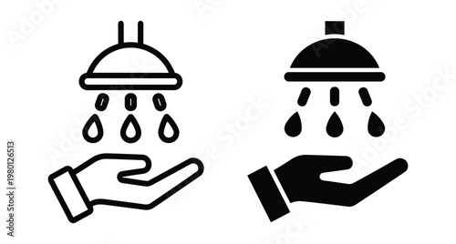 Hand washing icon set showing water droplets falling from a shower head onto an open palm for hygiene and sanitation
