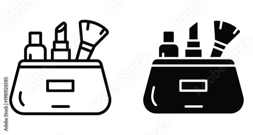 Makeup bag icon set with lipstick brush and cosmetic bottle in outline and solid black glyph style for beauty design