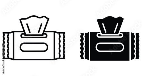 Wet wipes pack icon set featuring outline and solid black styles for hygiene cleaning baby care and personal sanitation products