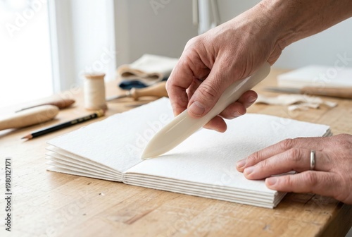 Artisan hands using a bone folder tool to crease paper pages for handmade bookbinding