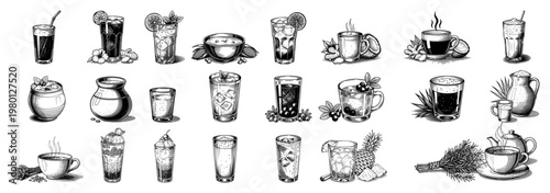 Assorted cold and hot beverages in vintage hand drawn engraving style