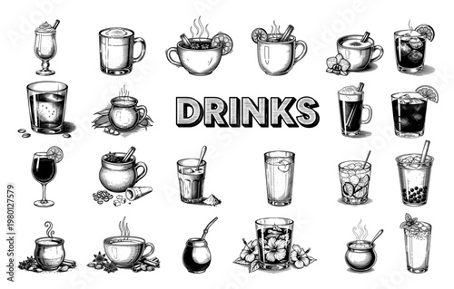 Drinks and cocktails collection with decorative typography in vintage sketch style