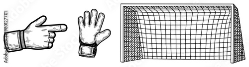 Soccer goal and goalkeeper glove with pointing hand in vintage engraving style