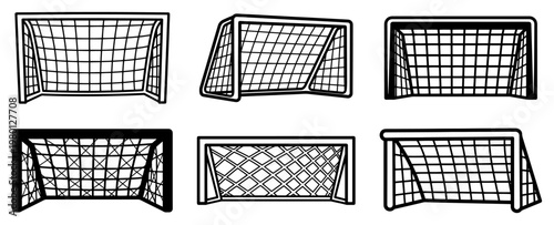 Soccer goal collection from different perspectives in vintage engraving style