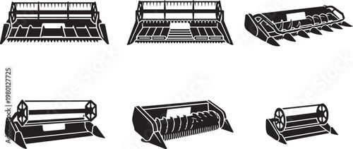 Set of Agricultural Combine Harvester Header Icons Including Grain Platform Corn Header and Draper Platform Vector Illustrations for Farming Machinery Equipment and Harvest Technology Design