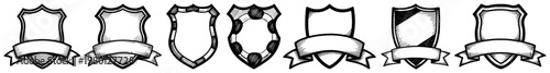 Heraldic shields with ribbons and banners in hand drawn sketch style