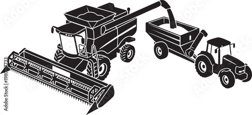 Combine Harvester Unloading Grain into Tractor Trailer During Harvest Vector Illustration of Agricultural Machinery Working in Field for Farming Industry and Agribusiness Design