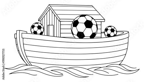 Noahs ark boat filled with soccer balls floating on water waves in simple line art style