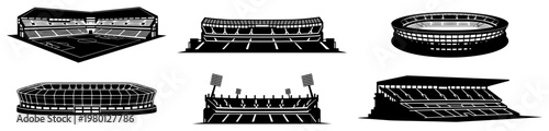 Soccer stadium icons and football arena silhouettes set in flat vector style