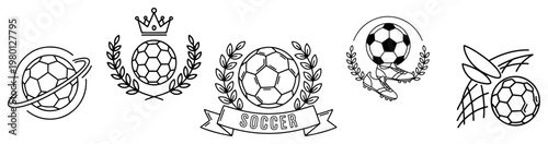 Soccer ball badges and football sport emblems collection in line art vector style