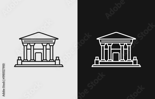 Courthouse and justice linear icons, white and black in a flat vector style. Symbols for law, legal system, government